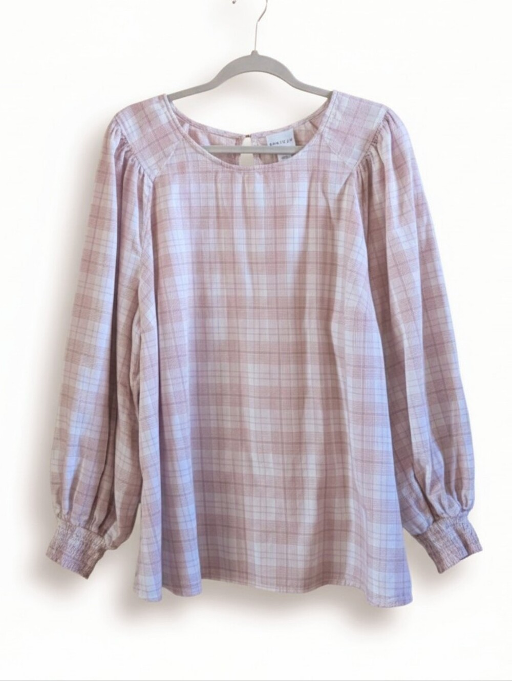 Ava & Viv Pink Plaid Peasant Blouse Size 2X Cottagecore Smocked Long Sleeve